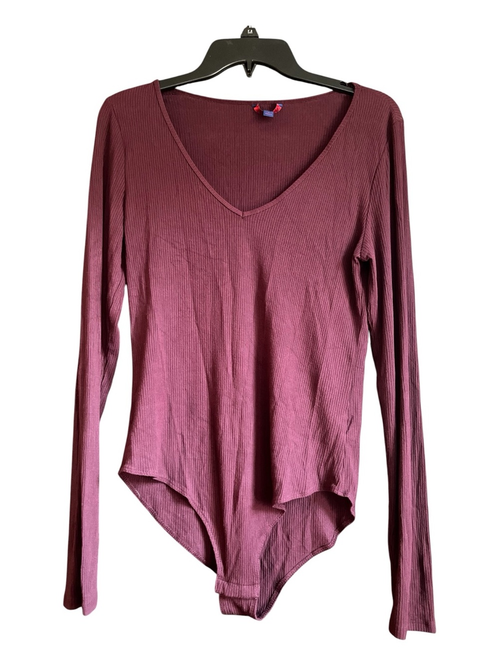 Aeropostale Burgundy Ribbed V-Neck Long Sleeve Bodysuit Large